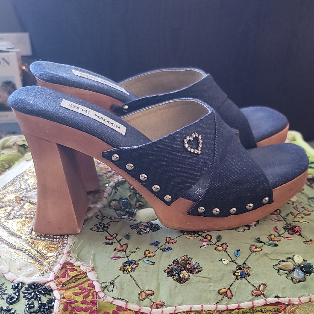 Steve Madden Vintage Rare Y2K Denim Platform Chunky Wooden Heel Sandals SZ 9